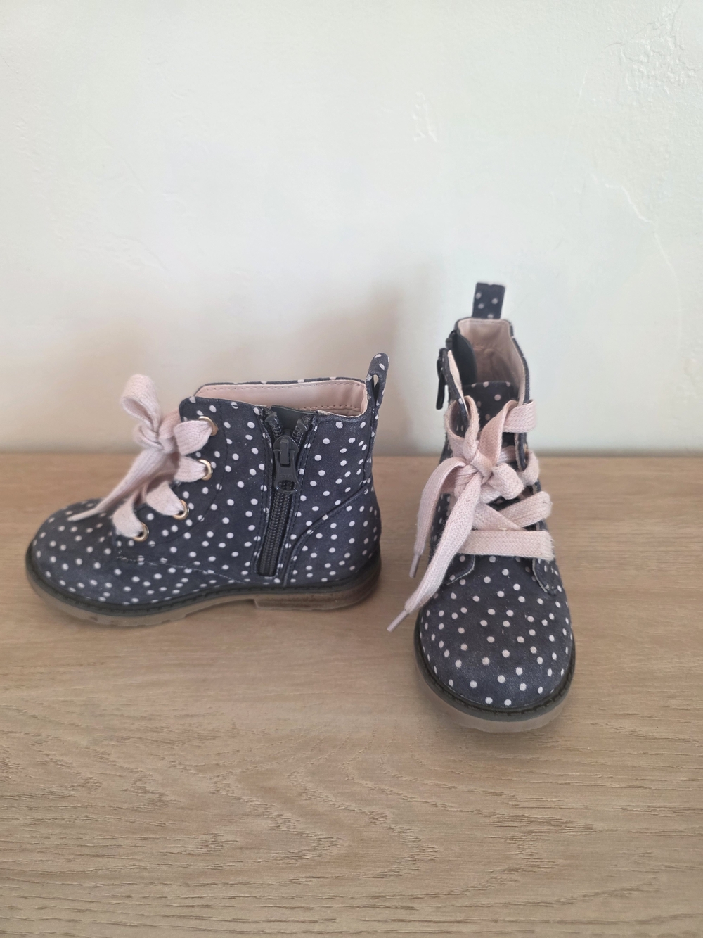 Cat & Jack Navy Polka Dot Ankle Boots with Pink Laces